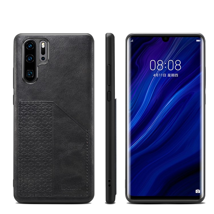 PU Leather Coated Flexi TPU Back Shell with Card Slot for Huawei P30 Pro - Black-1