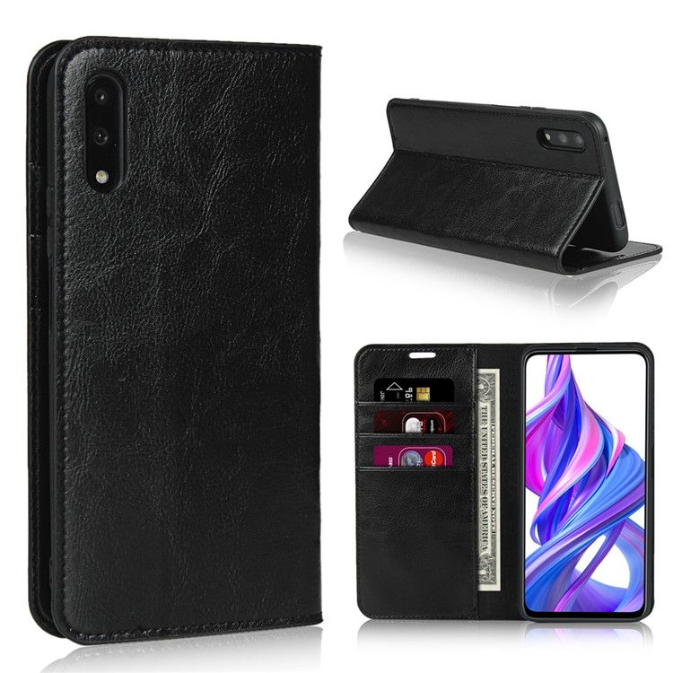 Genuine Leather Crazy Horse Texture Wallet Phone Case Cover for Huawei Honor 9X - Black-1