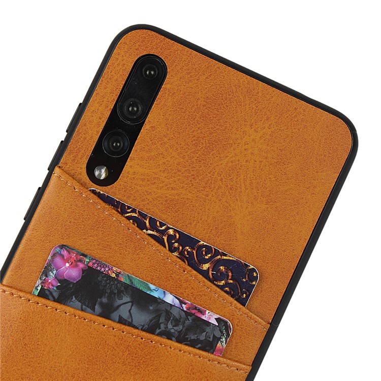 PU Leather Coated Hard PC Cell Casing Dual Card Slots Cover for Huawei P20 Pro - Brown-6