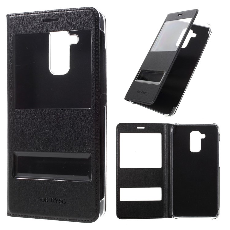 Plastic Dual Window Leather Flip Case for Huawei Honor 5c / GT3 - Black-1