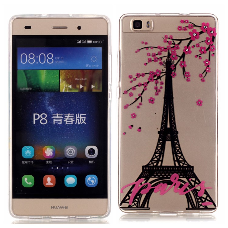 IMD Skin TPU High Clear Phone Case for Huawei Ascend P8 Lite - Eiffel Tower & Plum Blossom-1