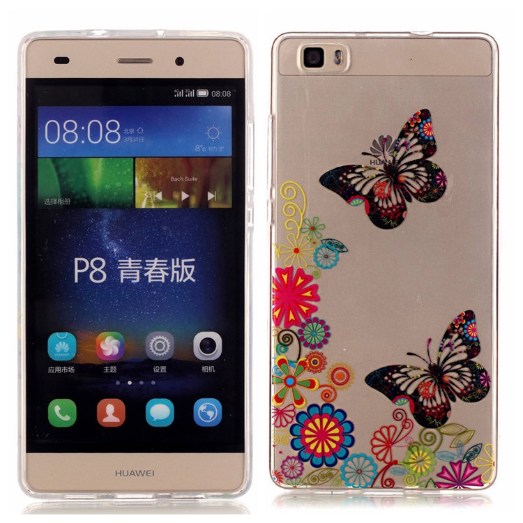 High Transparent TPU & IMD Skin Shell for Huawei Ascend P8 Lite - Butterfly and Flowers-1
