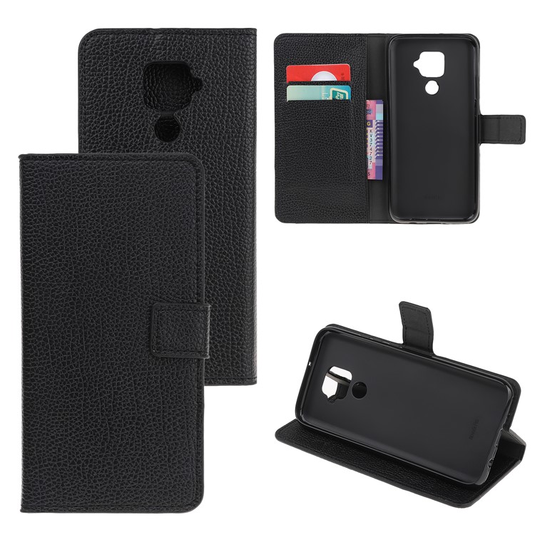 Litchi Skin Leather Wallet Stand Phone Case for Huawei Mate 30 Lite/nova 5i Pro - Black-1