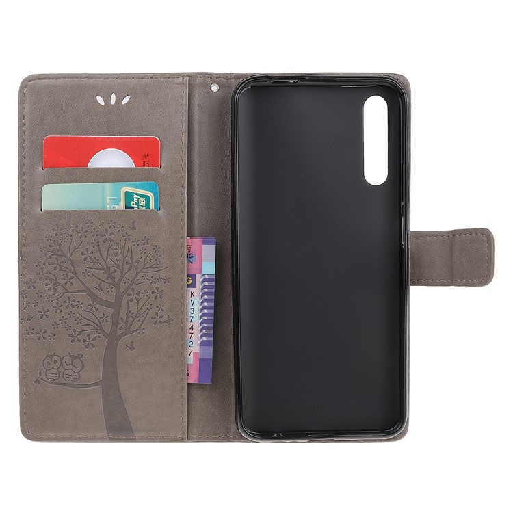 Pie De Imprenta árbol Y Búhos Billetera Soporte De Cuero Flip Para Huawei Honor 9X - Gris-5