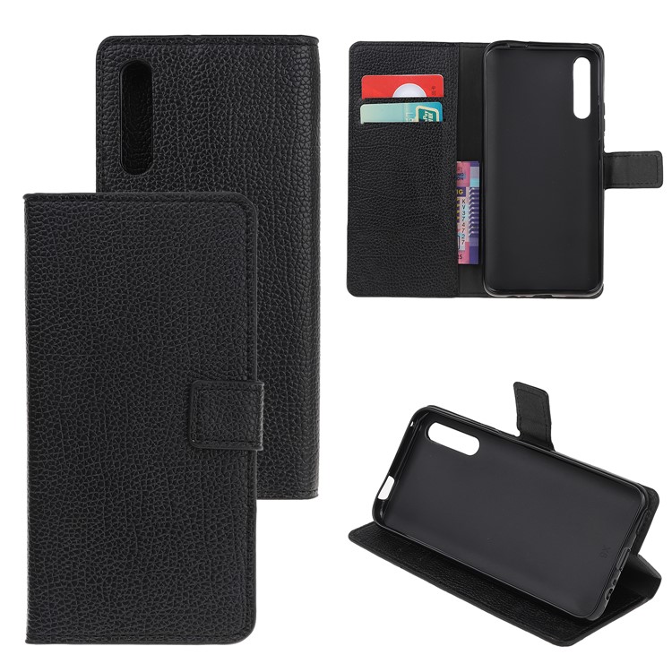 Litchi Skin Leather Wallet Stand Phone Case for Huawei Honor 9X/9X Pro - Black-1