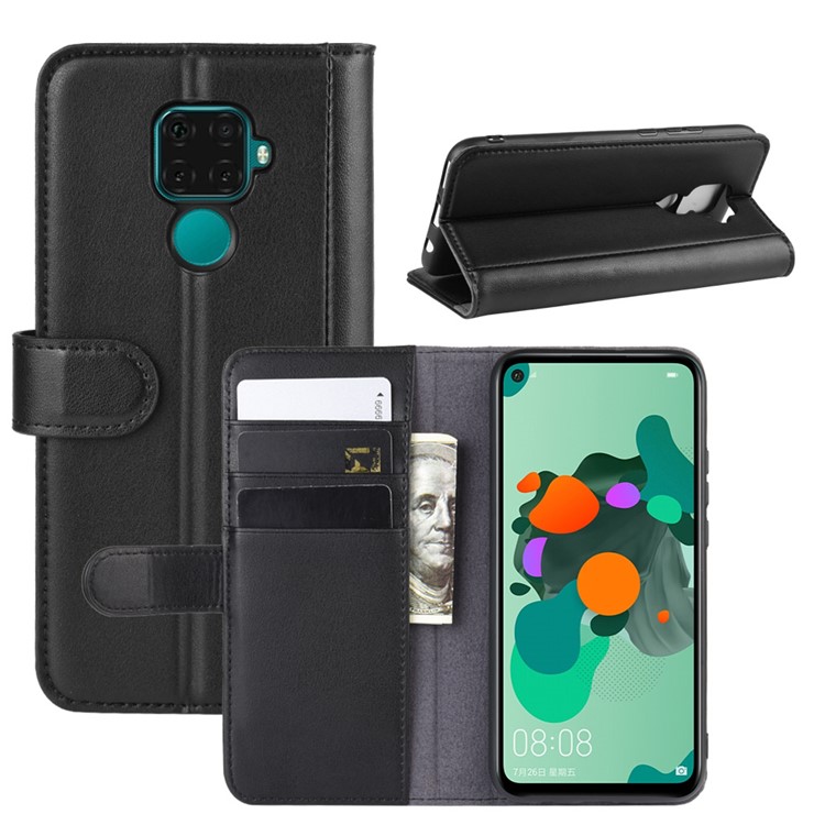 Genuine Split Leather Wallet Phone Cover with Stand for Huawei Mate 30 Lite/nova 5i Pro - Black-1