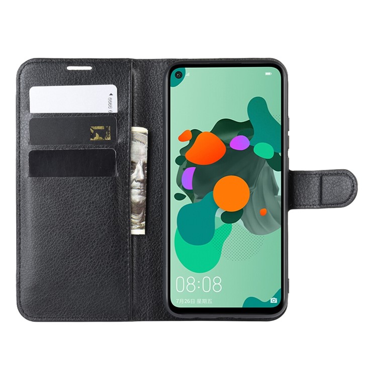 Litchi Skin Wallet Stand Leather Shell for Huawei Mate 30 Lite/Nova 5i Pro - Black-5