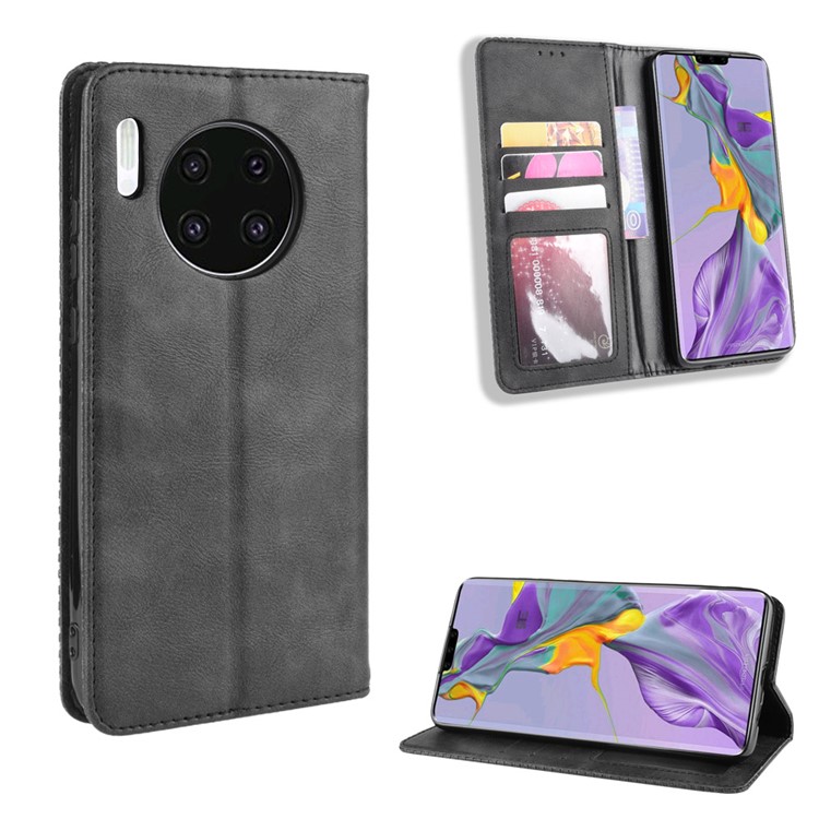 Auto-absorbed Retro Style Wallet Stand Leather Cell Cover Shell for Huawei Mate 30 - Black-1