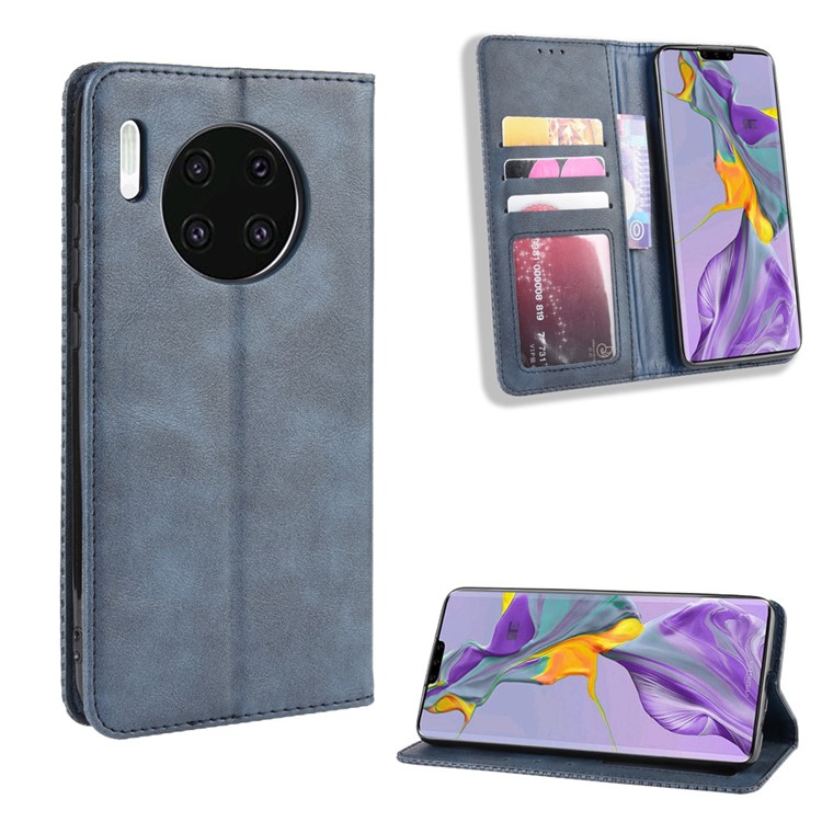 Soporte De Billetera De Cuero De Estilo Retro Autoabsorbido Con Carcasa De Cuero Para Huawei Mate 30 - Azul-1