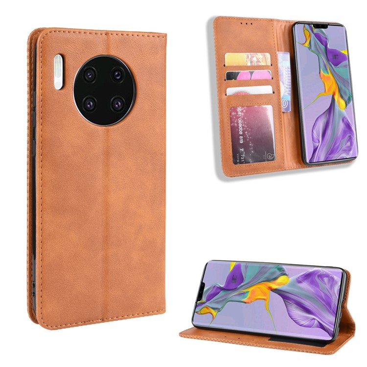 Soporte De Billetera De Cuero De Estilo Retro Autoabsorbido Con Carcasa De Cuero Para Huawei Mate 30 - Marrón-1