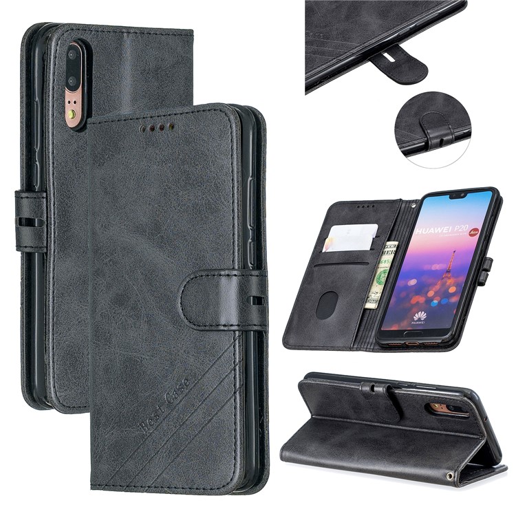 Wallet Leather Phone Stand Shell Casing for Huawei P20 - Black-1
