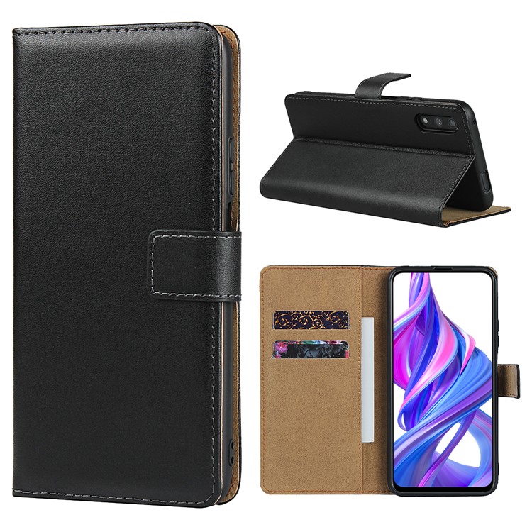 Genuine Leather Wallet Stand Phone Casing for Huawei Honor 9X - Black-1