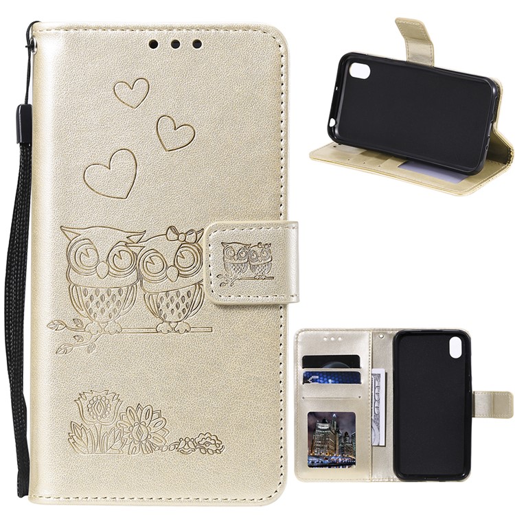 Imprinted Flower Owl Leather Wallet Shell for Huawei Y5 (2019) - Gold-1