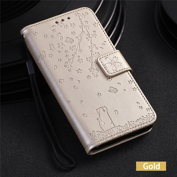 Imprint Sakura Cat Leather Wallet Case Shell for Huawei Y5 (2019) / Honor 8S - Gold-7