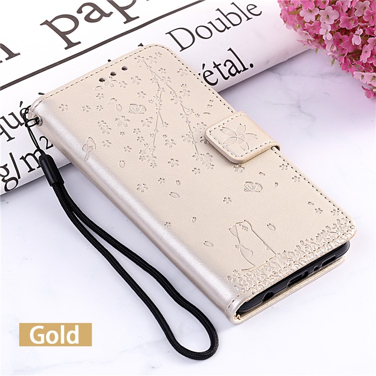 Imprint Sakura Cat Leather Wallet Case Shell for Huawei Y5 (2019) / Honor 8S - Gold-8