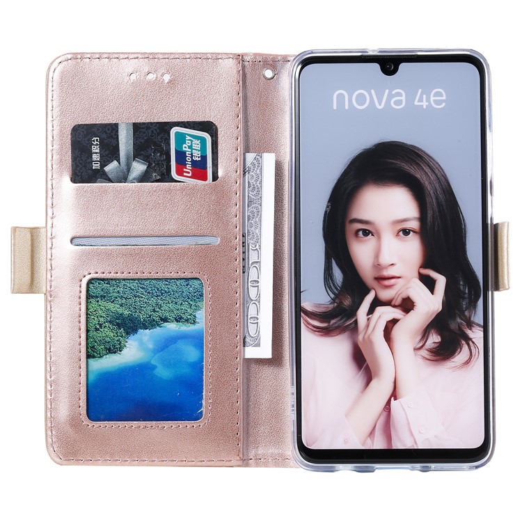 Lace Flower Pattern Zipper Pocket Leather Wallet Case with Bowknot Lanyard for Huawei P30 Lite/Nova 4e - Pink-3