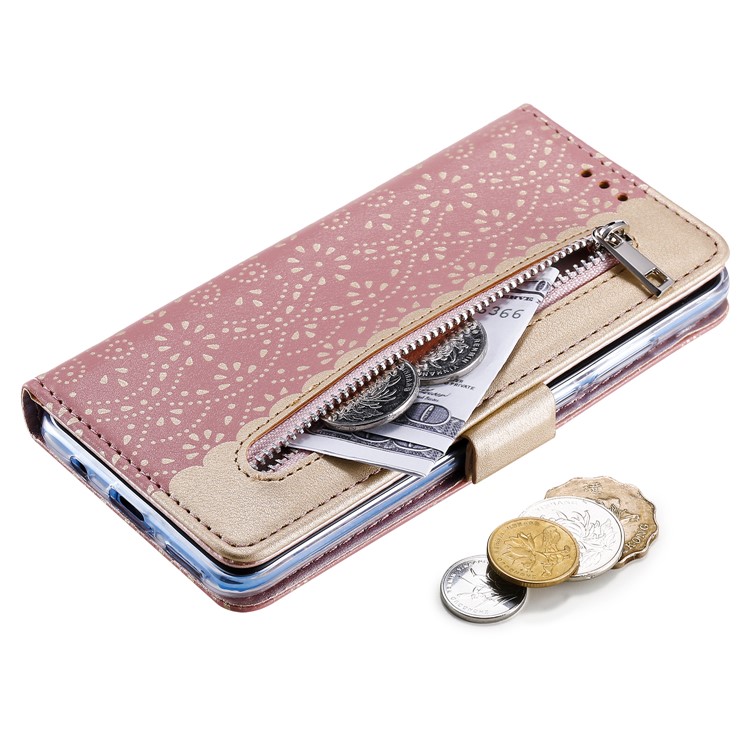 Lace Flower Pattern Zipper Pocket Leather Wallet Case with Bowknot Lanyard for Huawei P30 Lite/Nova 4e - Pink-4