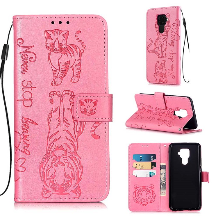 Imprint Tiger Wallet Stand Leather Phone Casing for Huawei Mate 30 Lite/Nova 5i Pro - Pink-1