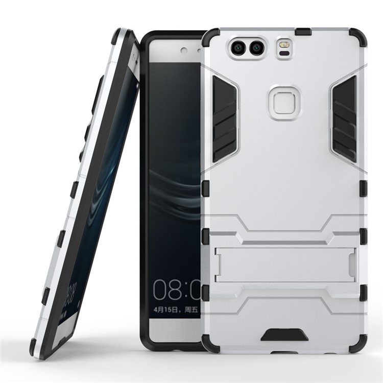 PC TPU Phone Cover for Huawei P9 Plus with Kickstand - Silver-1