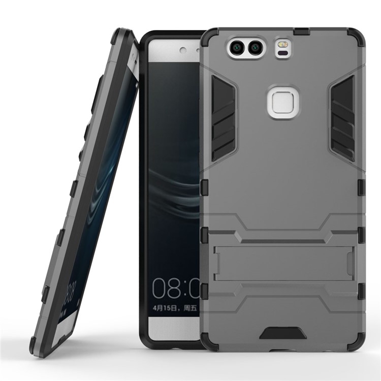PC TPU Back Cover for Huawei P9 Plus with Kickstand - Grey-1