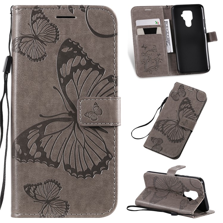 Imprint Butterflies Pattern Wallet Stand Leather Phone Cover with Lanyard for Huawei Mate 30 Lite/Nova 5i Pro - Grey-1