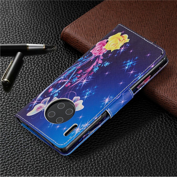 Pattern Printing Wallet Stand Leather Phone Case for Huawei Mate 30 Pro - White Butterflies and Flower-8