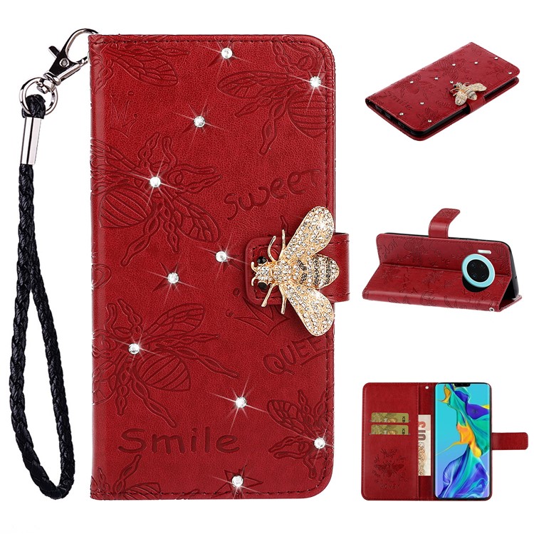 Impronta Flor De Abeja Decoración De Diamantes De Imitación De TPU + Caja Del Teléfono De La Carpeta De Cuero De La PU Para El Mate Huawei 30 - Rojo-1