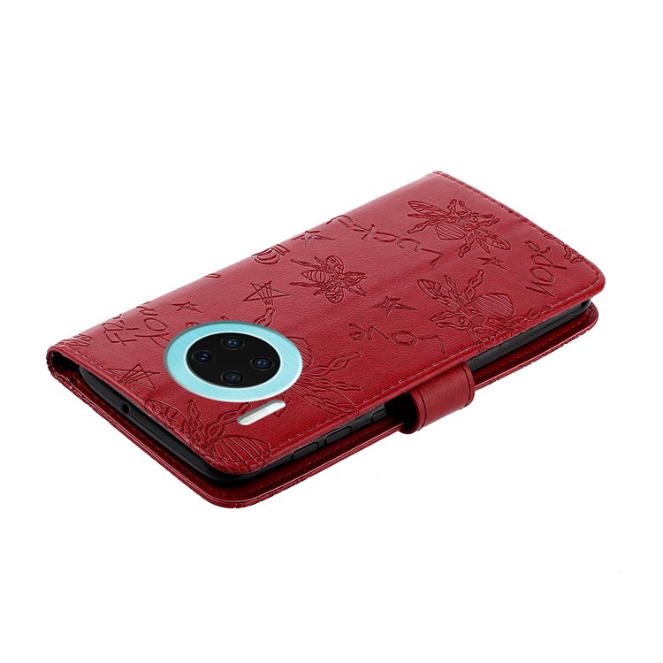 Impronta Flor De Abeja Decoración De Diamantes De Imitación De TPU + Caja Del Teléfono De La Carpeta De Cuero De La PU Para El Mate Huawei 30 - Rojo-5
