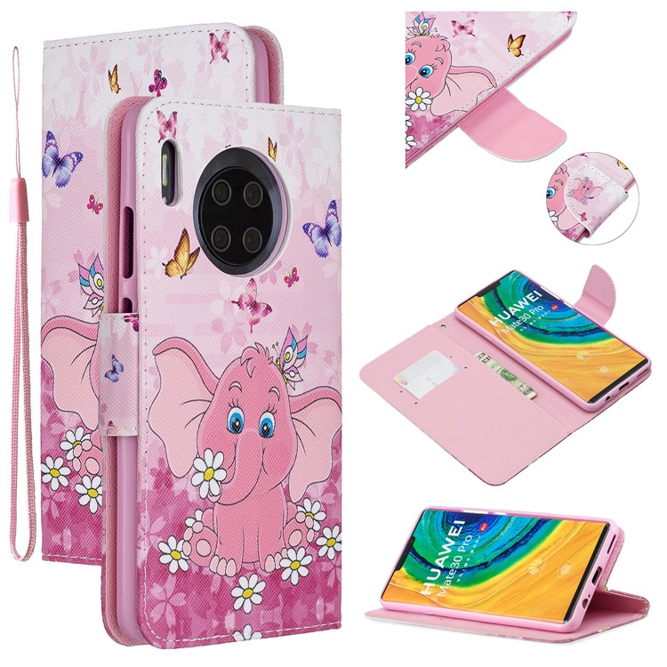 Pattern Printing Leather Wallet Phone Cover Case for Huawei Mate 30 Pro - Elephant-1