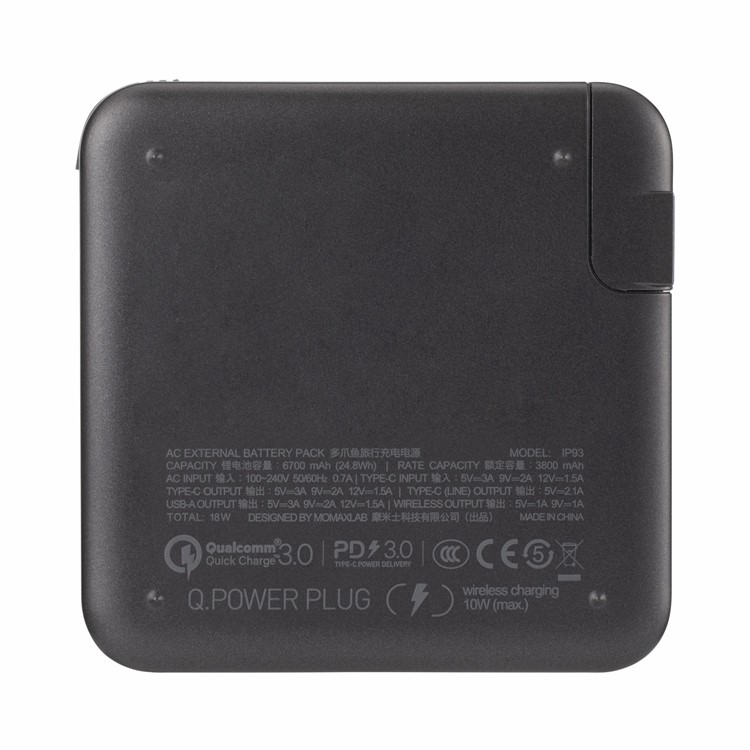 MOMAX Q.Power Plug Power Adapter PD + QC 3.0 18W 6700mAh Power Bank QI Wireless Charger - Grey-11