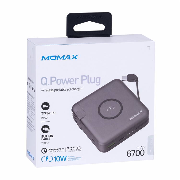 MOMAX Q.Power Plug Power Adapter PD + QC 3.0 18W 6700mAh Power Bank QI Wireless Charger - Grey-12