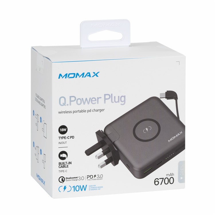 MOMAX 3 in 1 Power Adapter Set Q.Power Plug PD + QC 3.0 18W 6700mAh Power Bank QI Wireless Charger - Grey-16