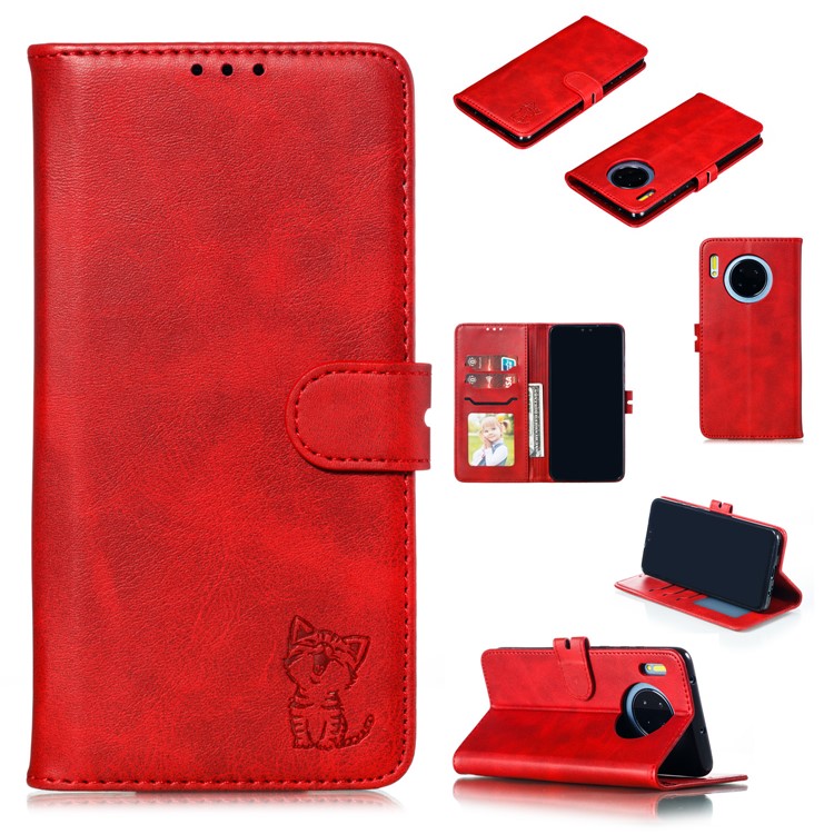 Imprinted Cat Style Surface Leather Wallet Shell Case for Huawei Mate 30 - Red-1