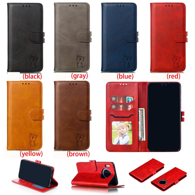 Imprinted Cat Style Surface Leather Wallet Shell Case for Huawei Mate 30 - Red-10