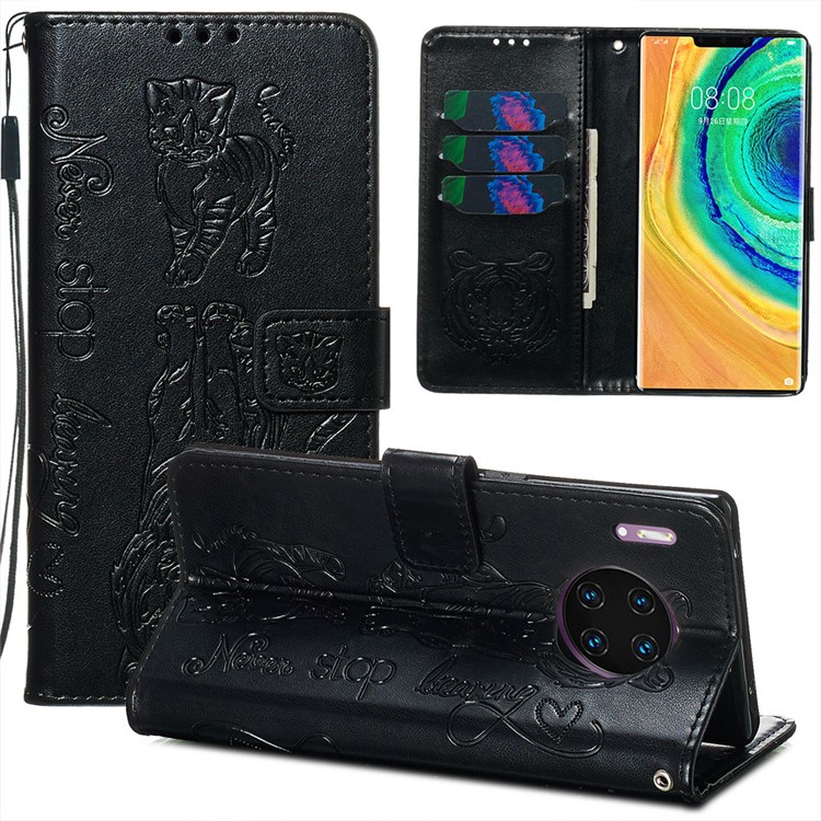 Imprint Tiger Wallet Stand Leather Phone Case for Huawei Mate 30 Pro - Black-6