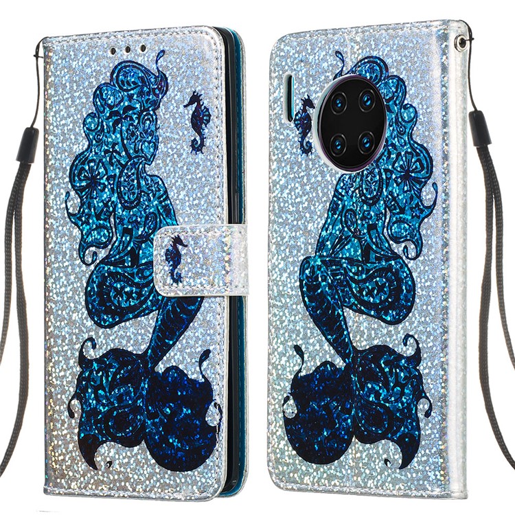 Pattern Printing Glitter Sequins Leather Wallet Phone Case for Huawei Mate 30 Pro - Mermaid-3