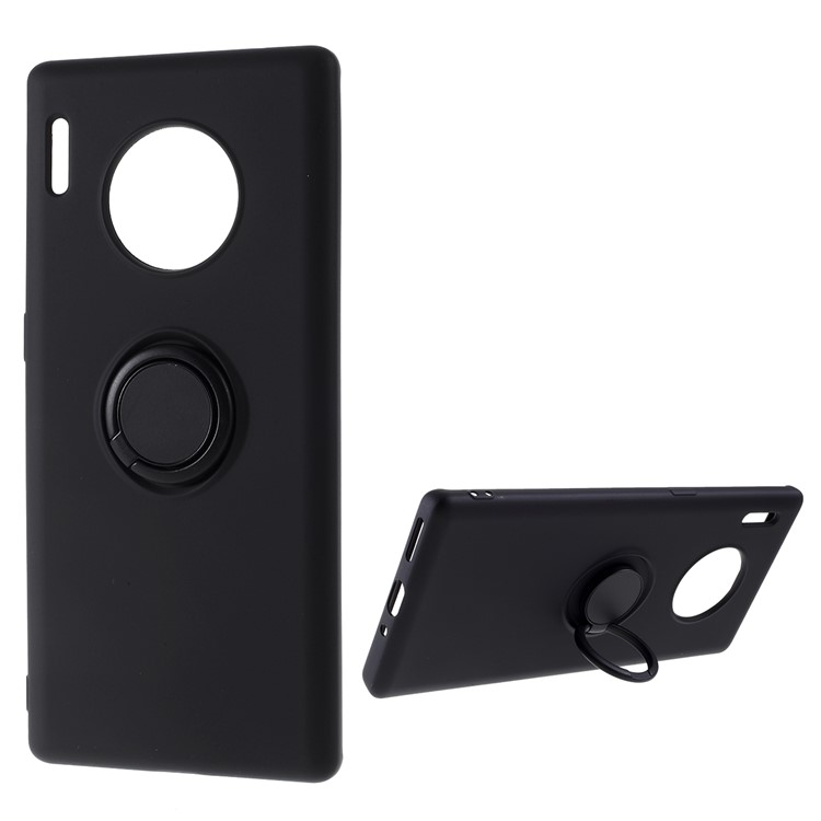 All-wrapped Liquid Silicone Kickstand Cell Cover with Finger Ring for Huawei Mate 30 - Black-1