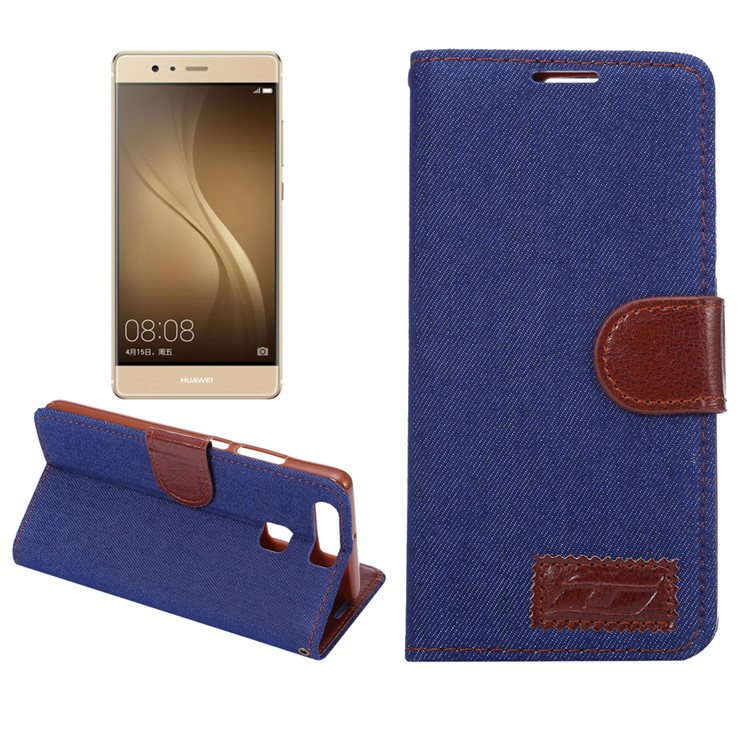 Jeans Cloth Card Holder Leather Stand Cover for Huawei P9 - Dark Blue-1