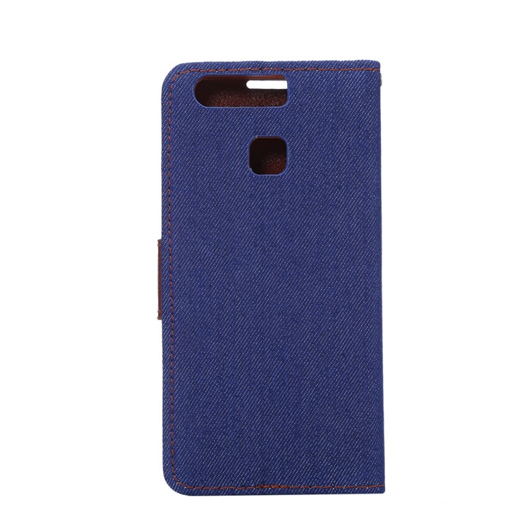 Jeans Cloth Card Holder Leather Stand Cover for Huawei P9 - Dark Blue-3
