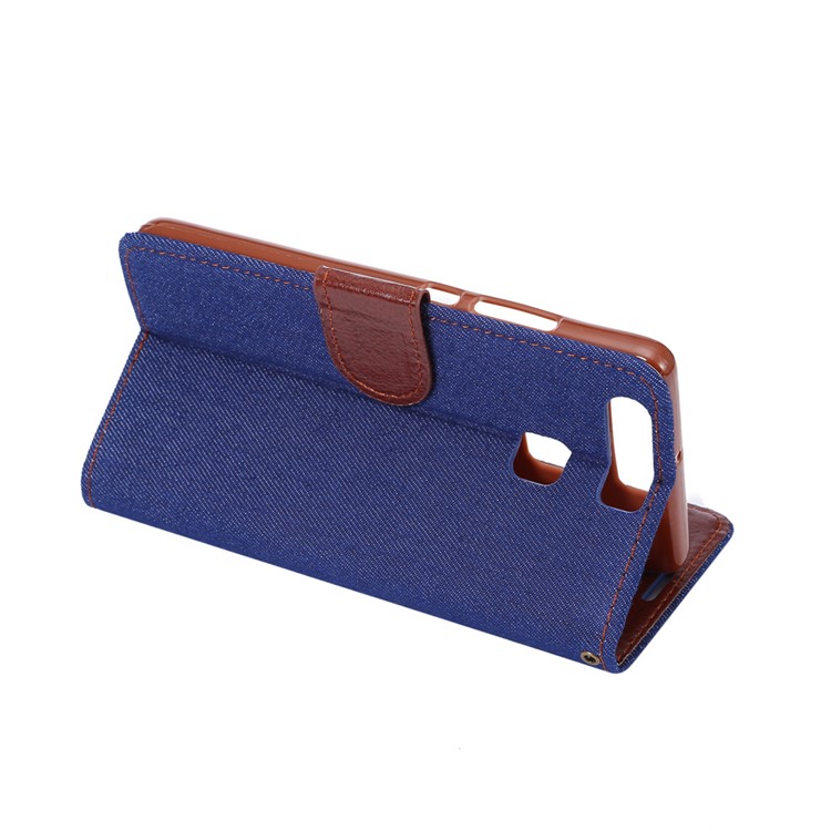 Jeans Cloth Card Holder Leather Stand Cover for Huawei P9 - Dark Blue-4