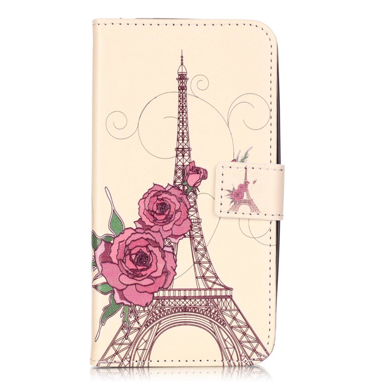 Embossed Leather Wallet Shell for Huawei Y6 Pro / Enjoy 5 - Flowers and Eiffel Tower-1