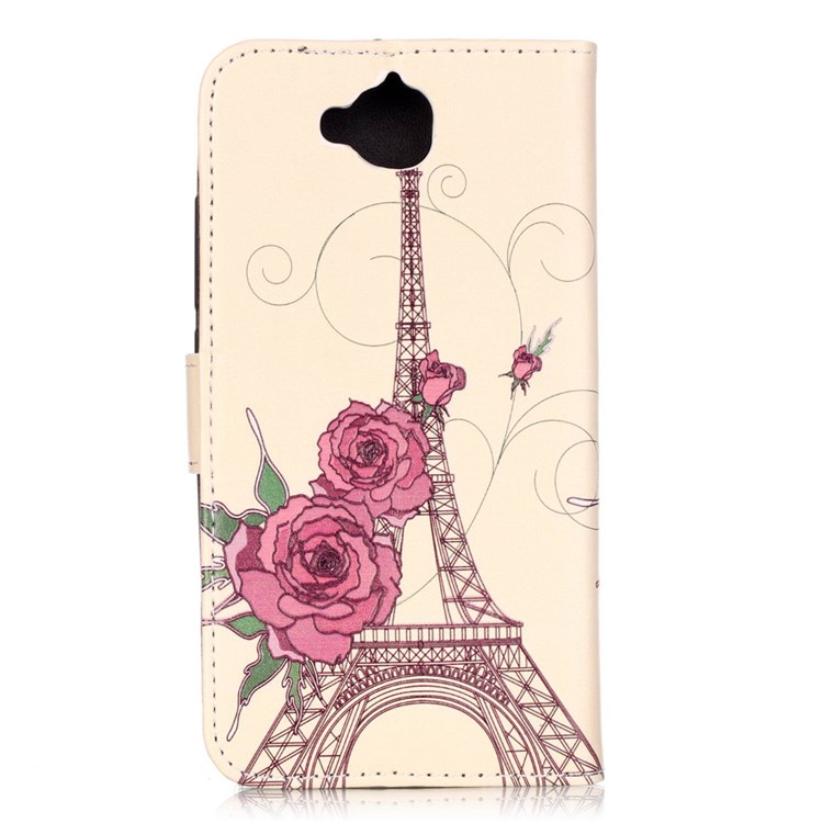 Embossed Leather Wallet Shell for Huawei Y6 Pro / Enjoy 5 - Flowers and Eiffel Tower-2