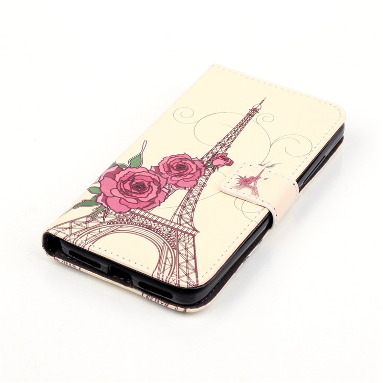 Embossed Leather Wallet Shell for Huawei Y6 Pro / Enjoy 5 - Flowers and Eiffel Tower-4