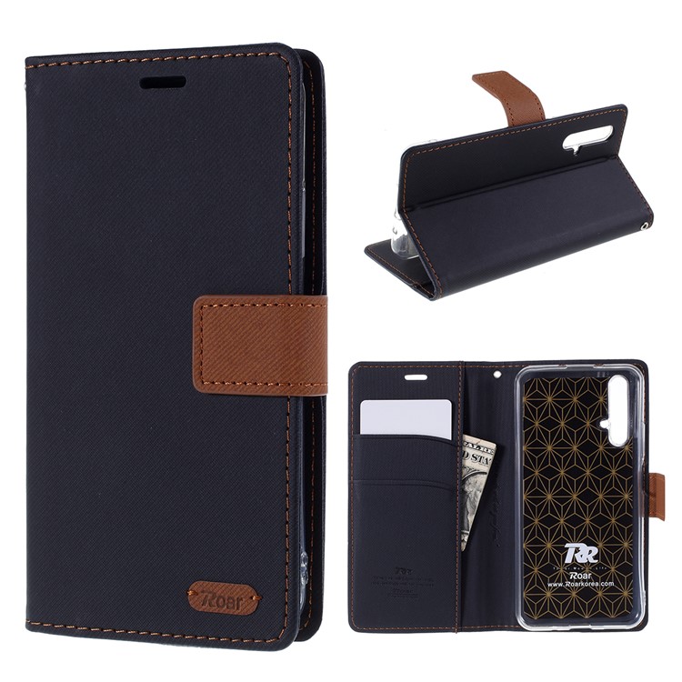 ROAR Twill Grain Leather Wallet Cover for Huawei Honor 20 / nova 5T - Black-1