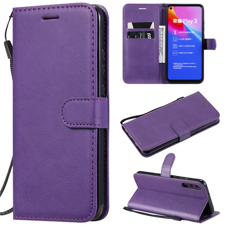 Solid Color Wallet Leather Stand Mobile Phone Case Covering for Huawei Honor Play 3 - Purple-1