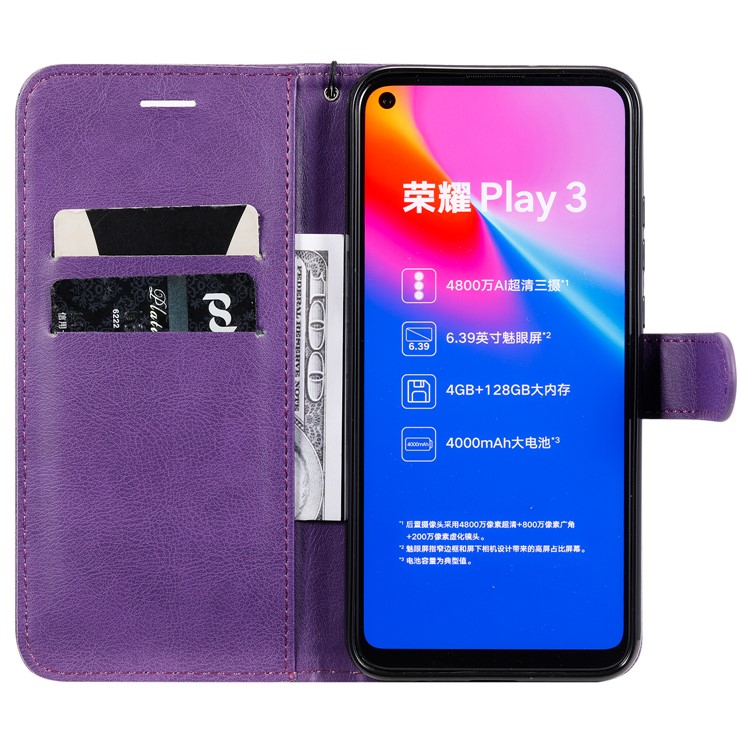 Solid Color Wallet Leather Stand Mobile Phone Case Covering for Huawei Honor Play 3 - Purple-6