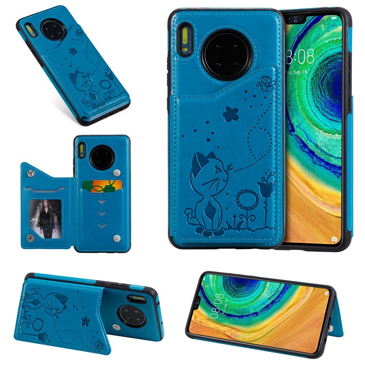 Imprint Cat and Bee Kickstand Card Holder PU Leather Coated TPU Cell Phone Case for Huawei Mate 30 Pro - Blue-1