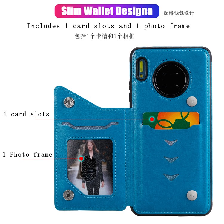 Imprint Cat and Bee Kickstand Card Holder PU Leather Coated TPU Cell Phone Case for Huawei Mate 30 Pro - Blue-11