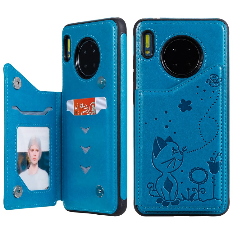 Imprint Cat and Bee Kickstand Card Holder PU Leather Coated TPU Cell Phone Case for Huawei Mate 30 Pro - Blue-12