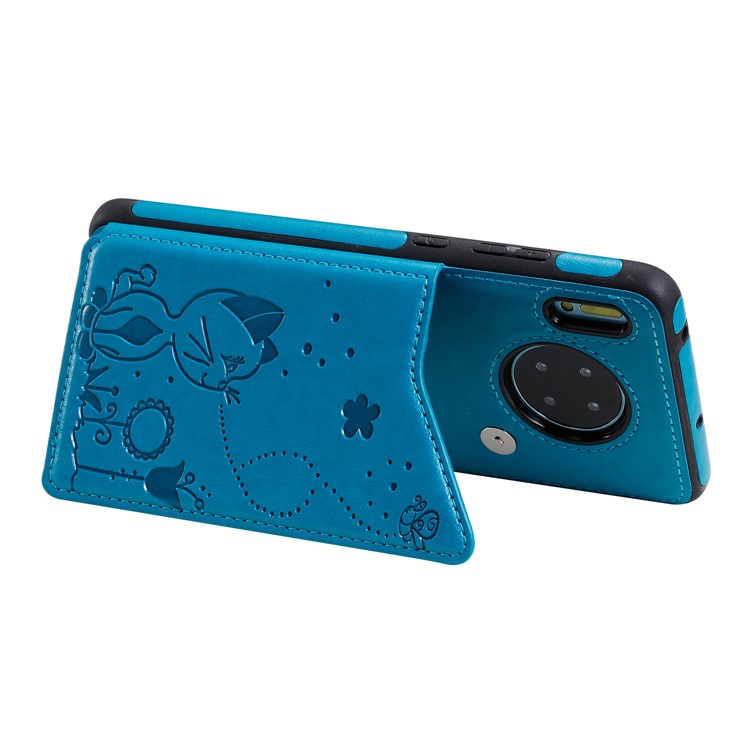 Imprint Cat and Bee Kickstand Card Holder PU Leather Coated TPU Cell Phone Case for Huawei Mate 30 Pro - Blue-20